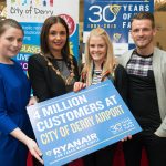 Derry City and Strabane District Council Mayor, Councillor Elisha McCallion and Lisa Buckley from Ryanair  who presented Kim Newlands who is the 4th Million Passenger to fly with Ryanair from City of Derry Airport, with vouchers for free flights. Included are Kim's partner David Waters and Charlene Shongo, Commercial and Marketing Manager, City of Derry Airport. Picture Martin McKeown. Inpresspics.com. 12.05.15